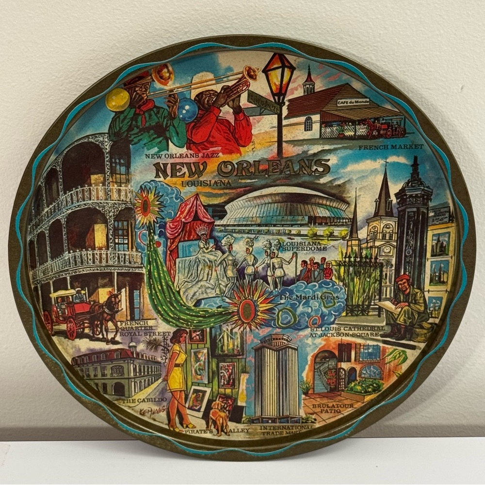 New Orleans Louisiana Souvenir Tray Plate Multi-Color Metal Vintage 11" Gold Rim